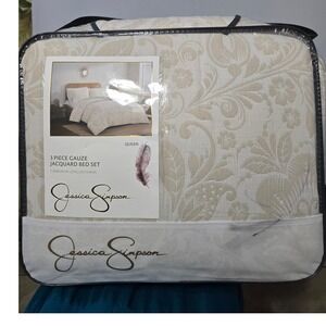 Jessica Simpson Queen 3 Piece Gauze Jacquard Bed Set Cream Floral Comforter Sham